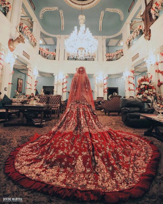 Red Classy Pakistani Designer Bridal long Split Anarkali with long veil and  Embellishment -