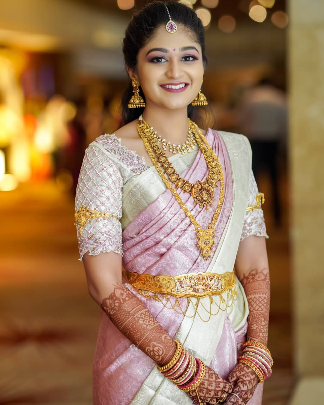In a bridal look in a blue color pattu / kanjeevaram saree, dark blue color  … | Wedding saree blouse designs, Wedding blouse designs, Designer saree  blouse patterns